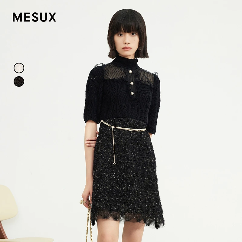 【高高甄选】MESUX米岫秋重工立体网纱绣花金葱点缀连衣裙MJFUO