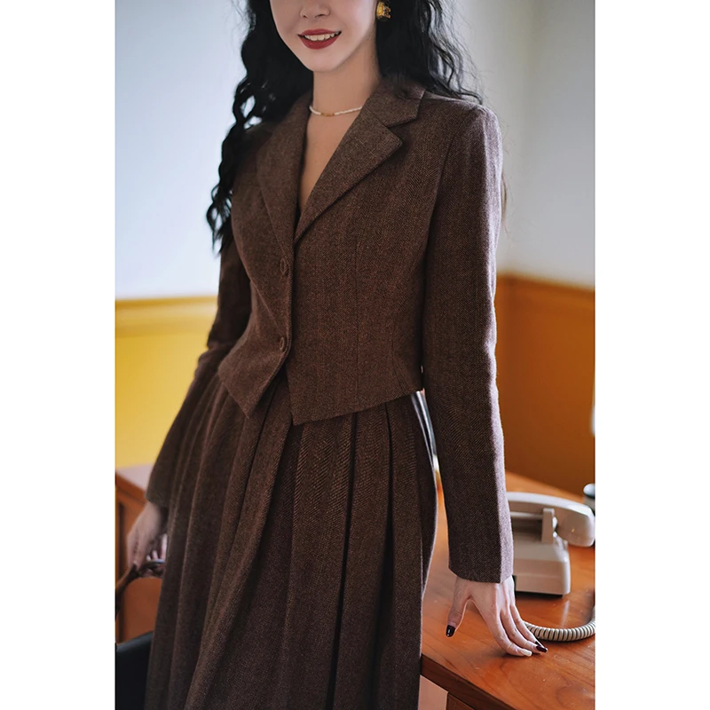 Chings 复古短西装外套马甲显瘦百褶裙 粗花呢毛呢套装三件套装裙