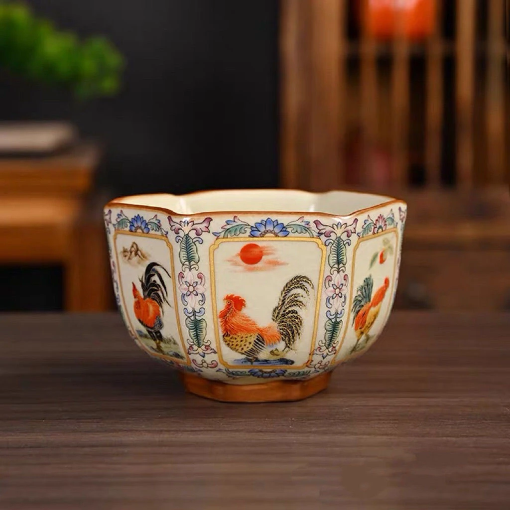 新式公鸡六方杯陶瓷茶杯