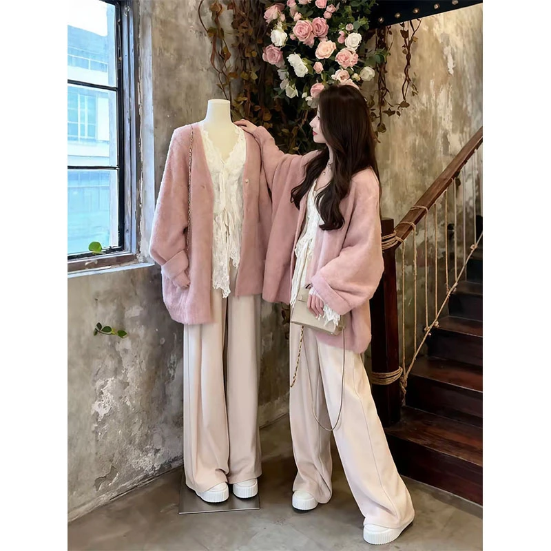 【现货爆款】韩系穿搭2025秋季新款外套蕾丝打底衫显瘦阔腿裤三件套