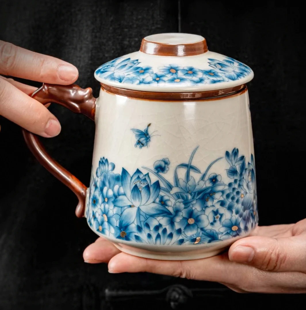 汝窑陶瓷茶杯茶水分离泡茶办公杯1686大容量带盖