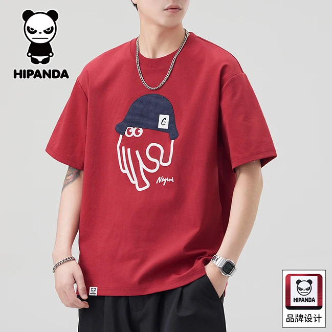HiPanda你好熊猫短袖T恤男士夏季薄宽松休闲圆领美式印花潮流上衣