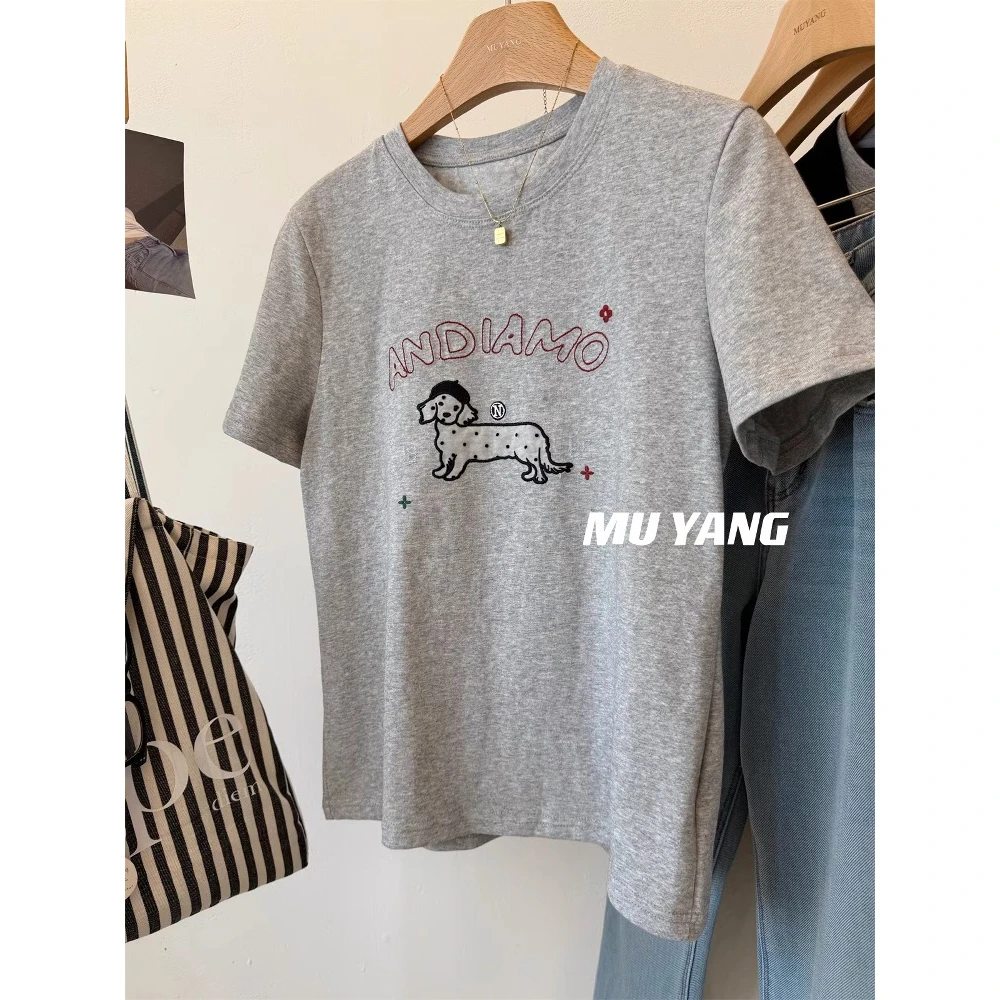 240斤大码波点纱小狗字母刺绣短袖T恤女韩系宽松圆领上衣夏季胖mm