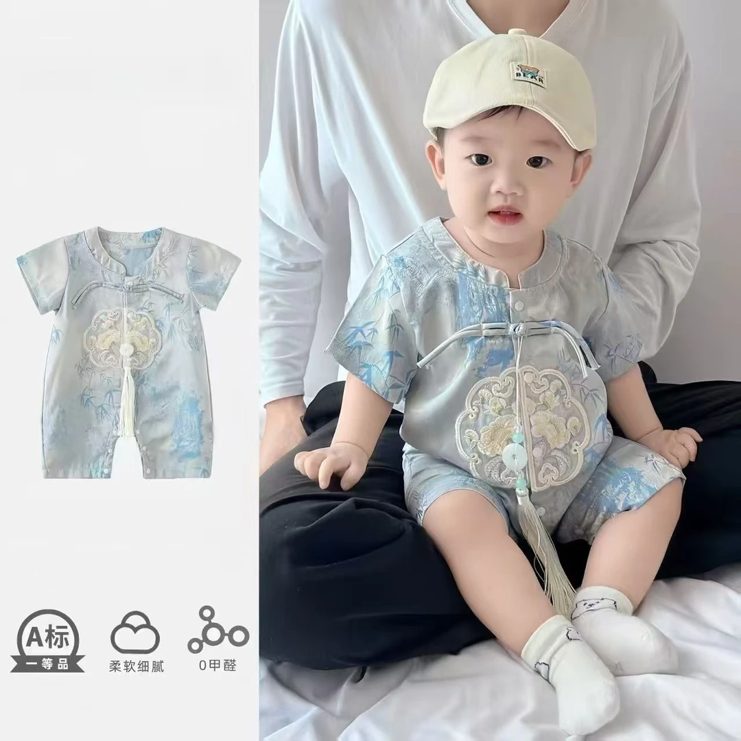 婴儿连体衣夏款新中式哈衣宝宝百天短袖国风唐装满月周岁外出爬服