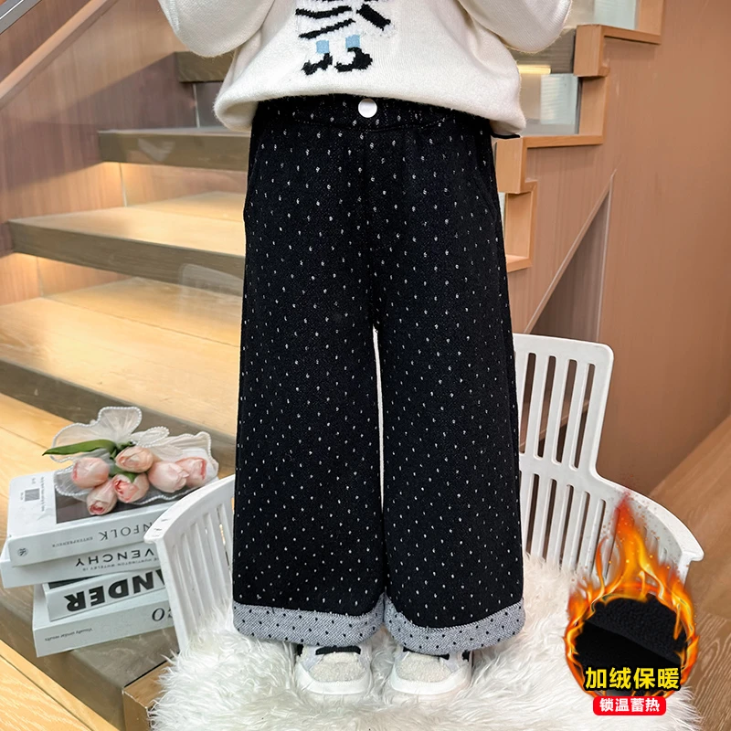 韩版女童阔腿裤冬装2025新款儿童洋气女宝宝时尚圆点加绒牛仔裤潮