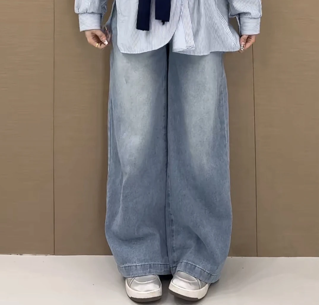 浅蓝色水洗高腰窄版阔腿裤0005一