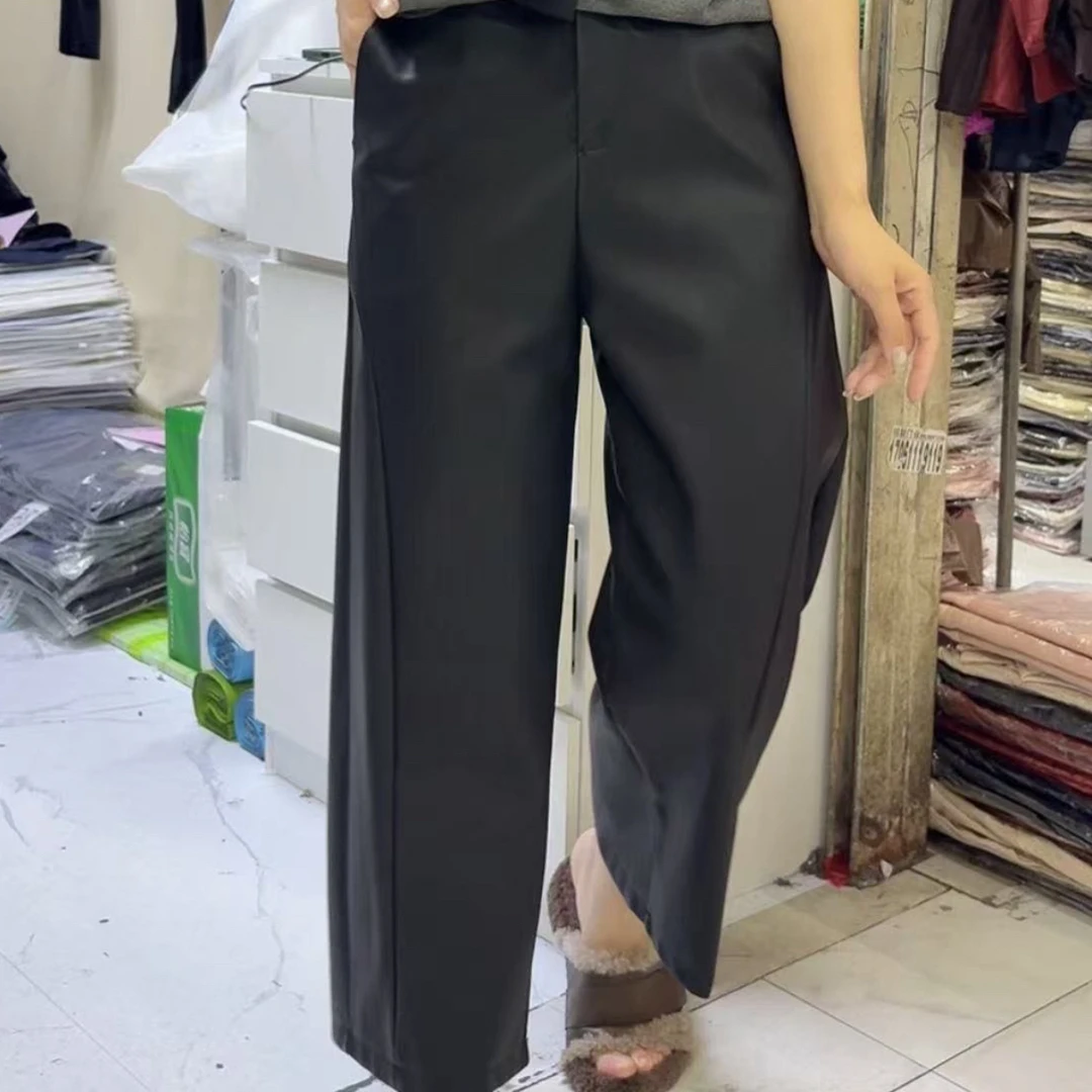 333九分水洗皮U阔腿裤，裤长88