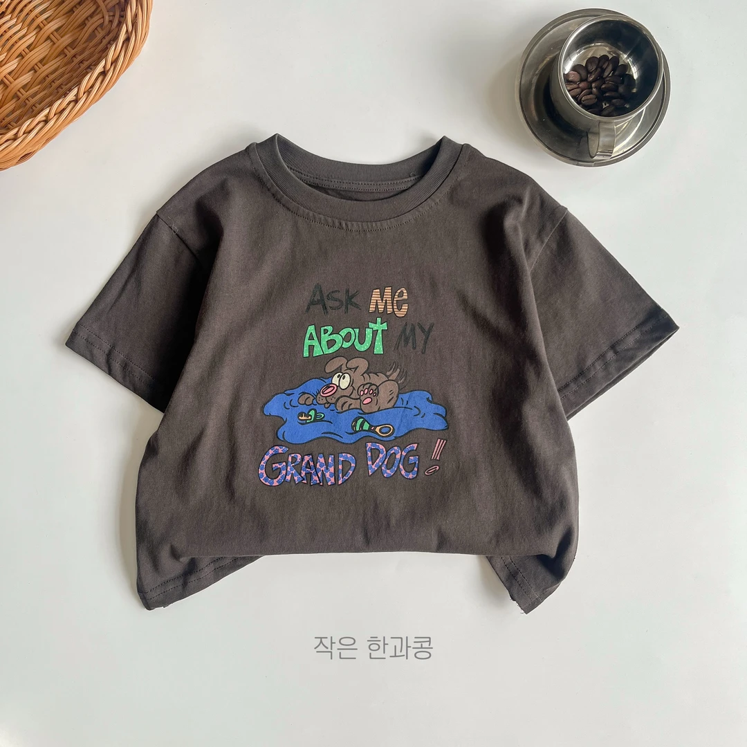 儿童韩版卡通字母短袖T恤 男童灰咖开叉短袖T恤