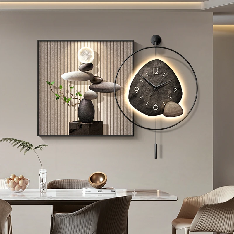 现代轻奢高级感餐厅装饰画挂钟石来运转饭厅餐桌墙挂画带钟表壁画