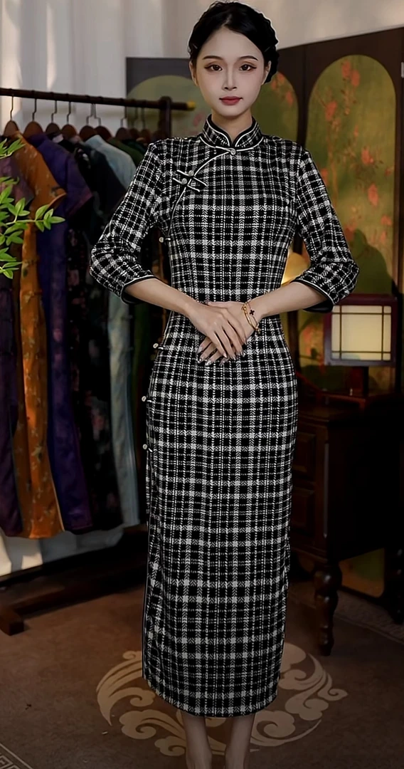 千鸟格 新款日常复古气质优雅罗马棉旗袍