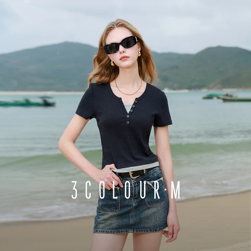 【品牌福利】三彩2025夏季新款设计感假两件V领T恤修身短款短dbx