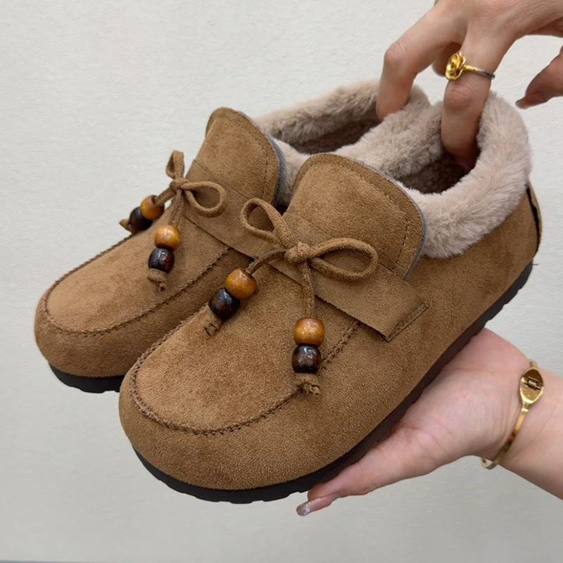 加绒豆豆鞋女冬季老北京布鞋毛毛鞋加厚保暖乐福鞋软底舒适妈妈鞋