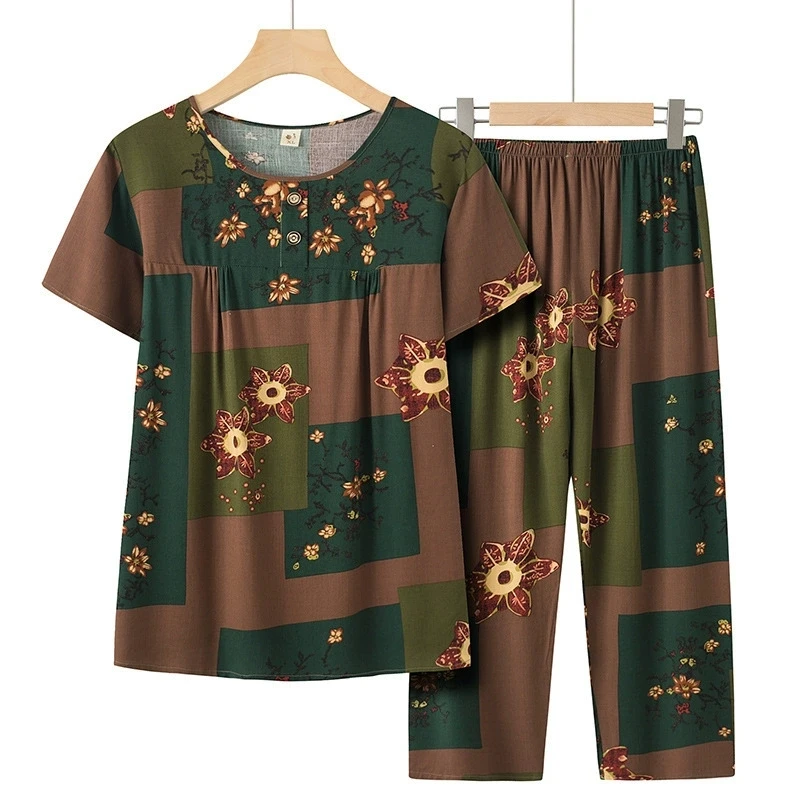 妈妈夏装纯棉老太太睡衣奶奶短袖上衣宽松舒适中老年人两件套装女