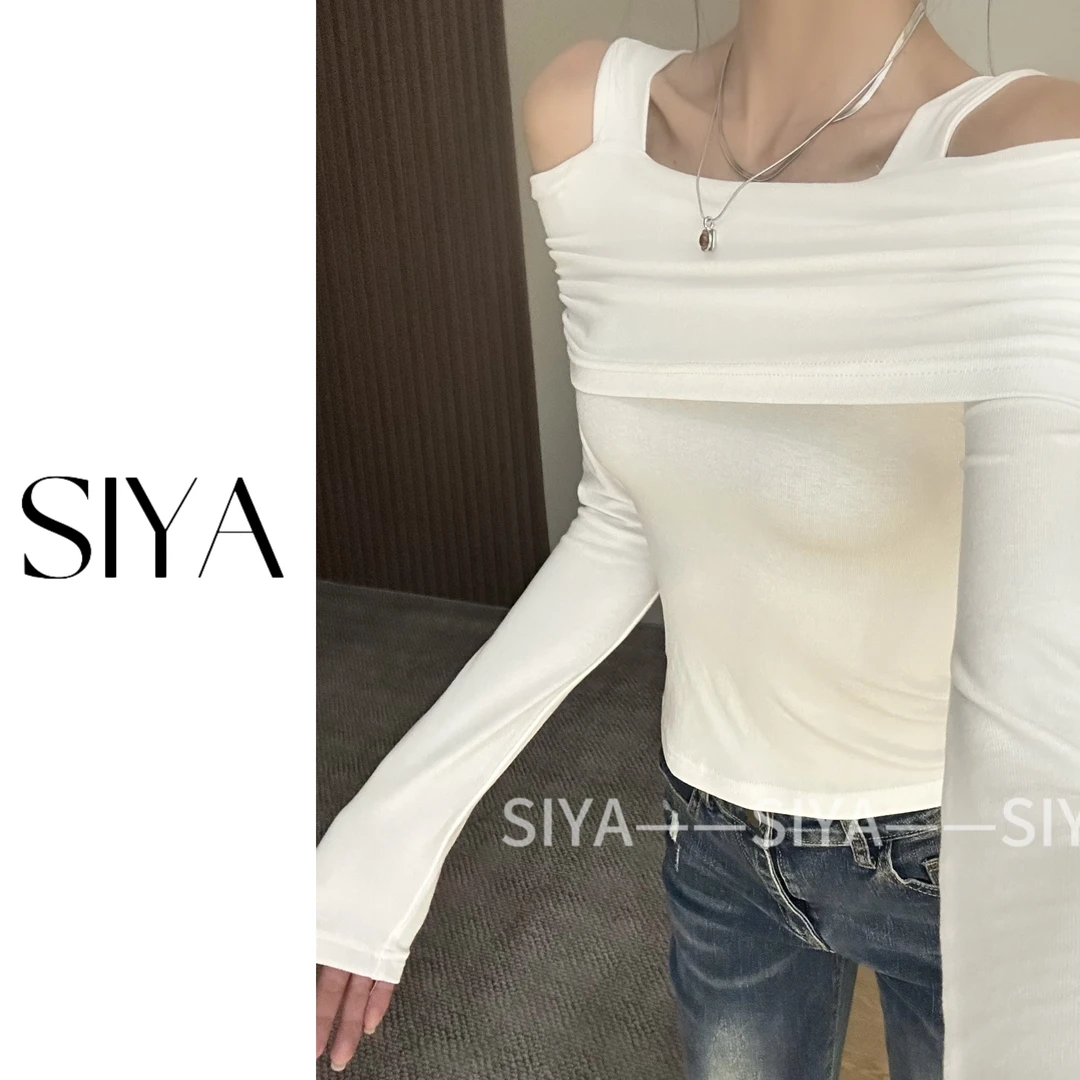 【SIYA】春季新款韩版一字肩设计感打底衫女修身百搭性感上衣