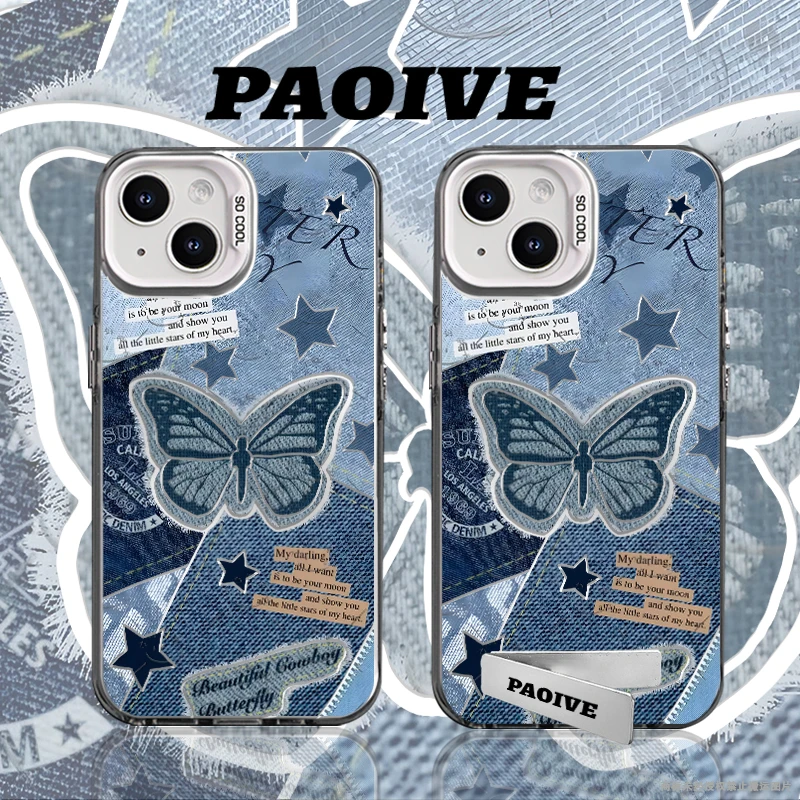适用苹果华为vivo一加iPhone14小米三星牛仔蝴蝶防摔彩银手机壳