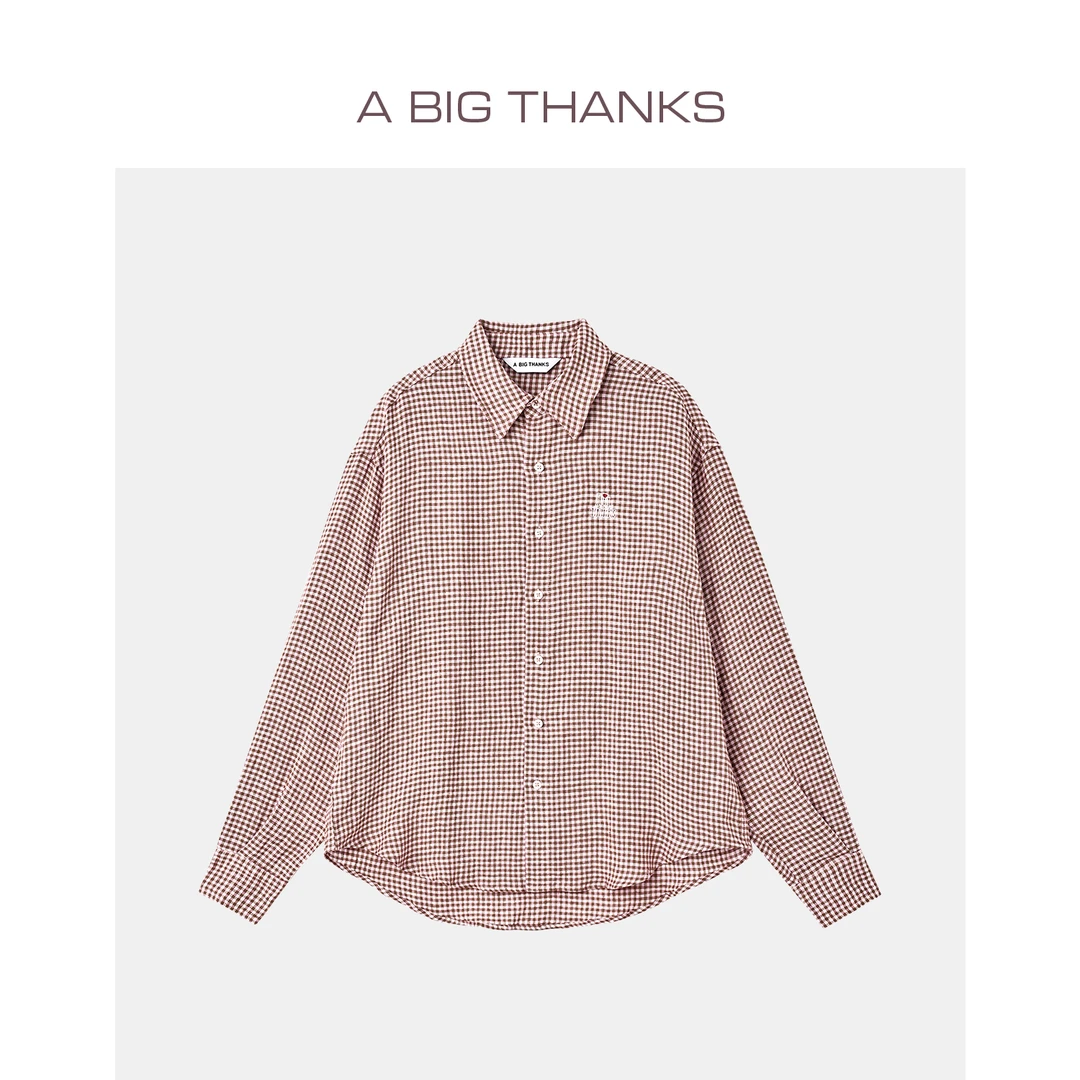 ABIGTHANK 亚麻长袖鱼骨领粉格子纹防晒衬衫女 ABT2022525