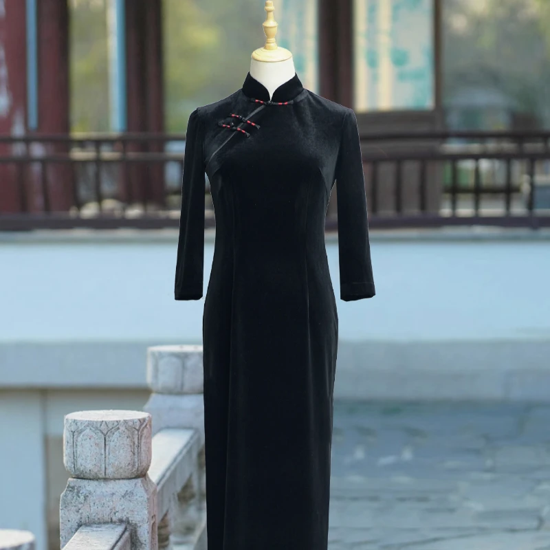 冬季丝绒中国风改良高端大气秋冬季气质丝绒黑色走秀旗袍L5331