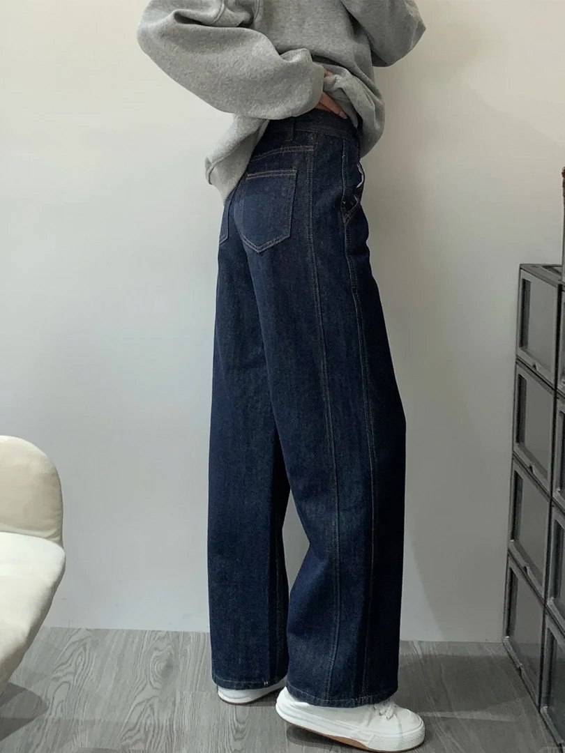 深蓝色直筒牛仔裤女秋冬加绒大码胖mm梨形身材显瘦宽松窄版阔腿裤