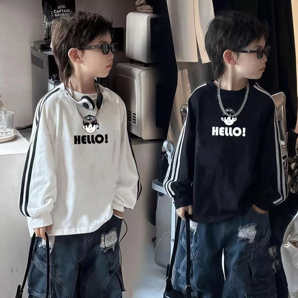 男童春秋装纯棉长袖上衣2025新款中大童洋气印花长袖T恤打底衫潮t