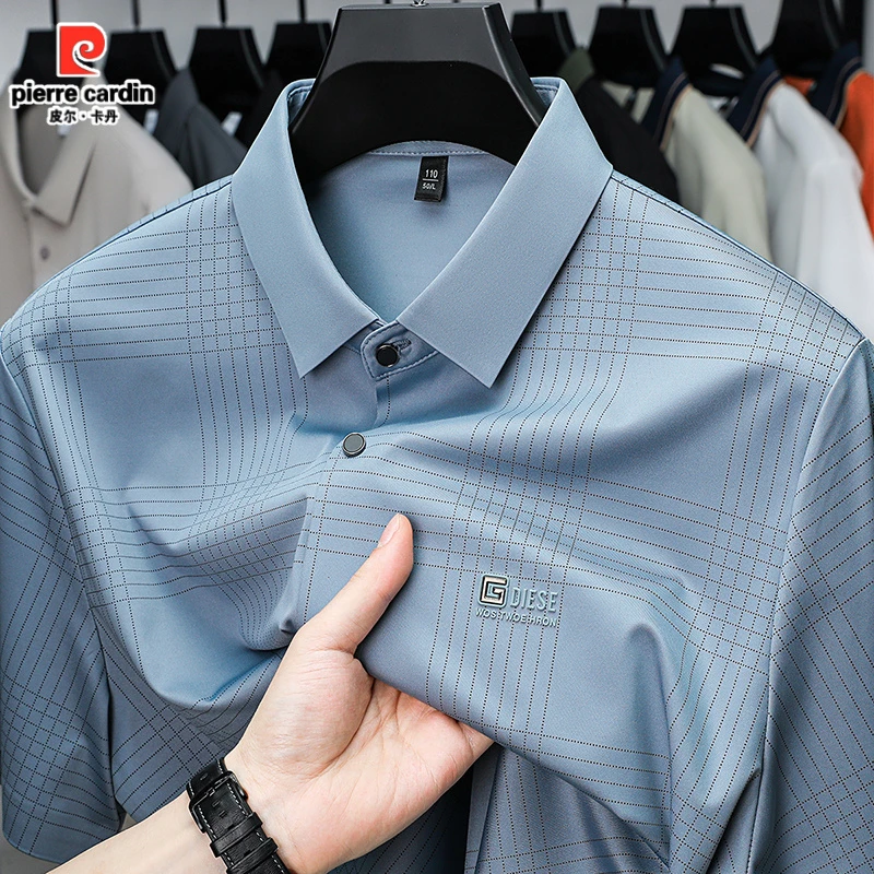 皮尔卡丹男士高档短袖商务休闲时尚百搭透气格纹衬衫衬衣