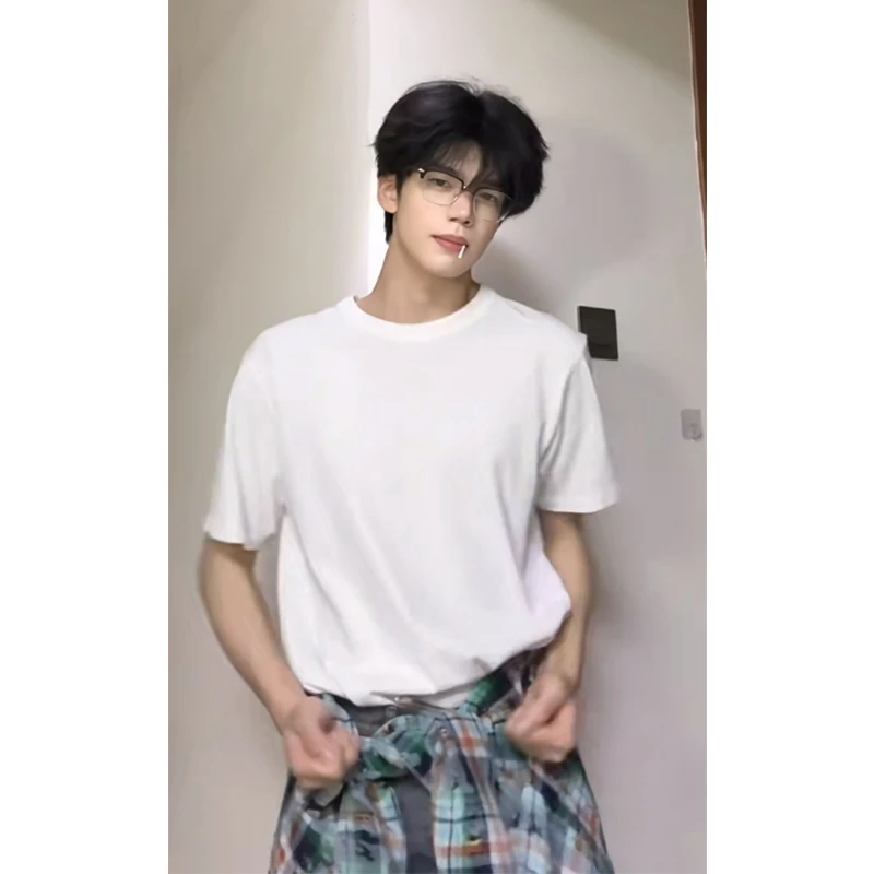 美式重磅纯色正肩短袖t恤男夏季小领口痞帅运动修身半袖情侣上衣