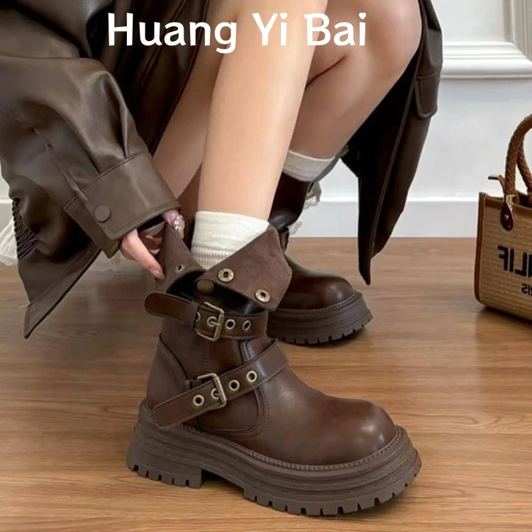 2025夏秋新款美拉德棕色马丁靴女西部牛仔复古百搭英伦风中筒短靴