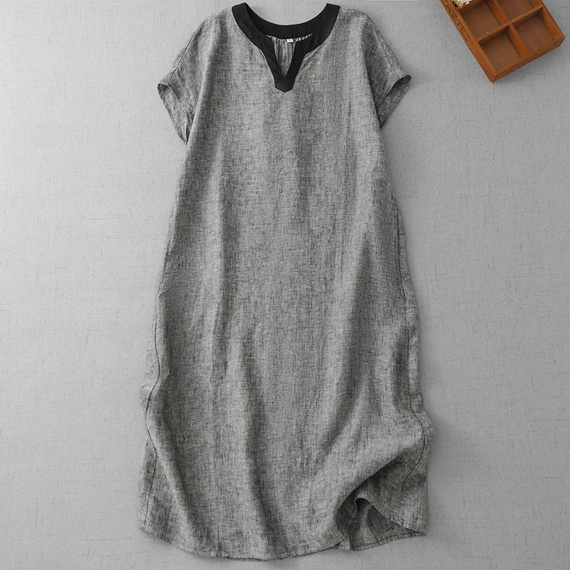 文艺时尚宽松休闲无袖V领连衣裙女2025夏季高端气质色织棉麻长裙