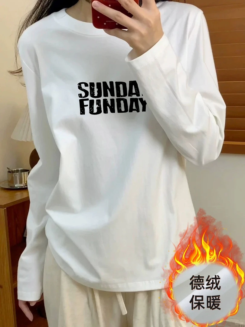 韩版德绒加厚保暖休闲白色长袖T恤女秋冬加绒内搭打底衫正肩上衣