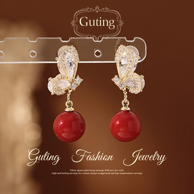 铜合金合成锆石耳饰 23460金色蝴蝶红色圣诞耳环女高级感耳饰耳钉