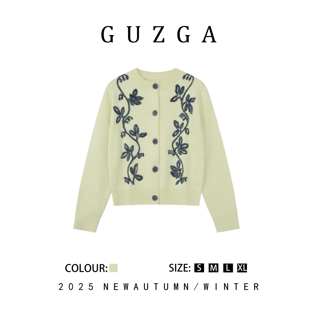 GUZGA【法式浪漫】牛油果绿花藤针织开衫时尚上衣2025秋季新款