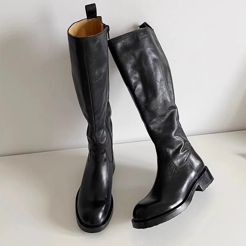 不过膝黑色骑士靴女2025秋冬新款长筒靴高筒靴子粗跟美式厚底长靴