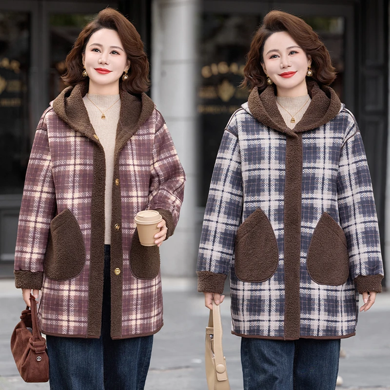 中年妈妈冬装外套加绒加厚两面穿中老年秋冬时尚保暖毛呢大衣女