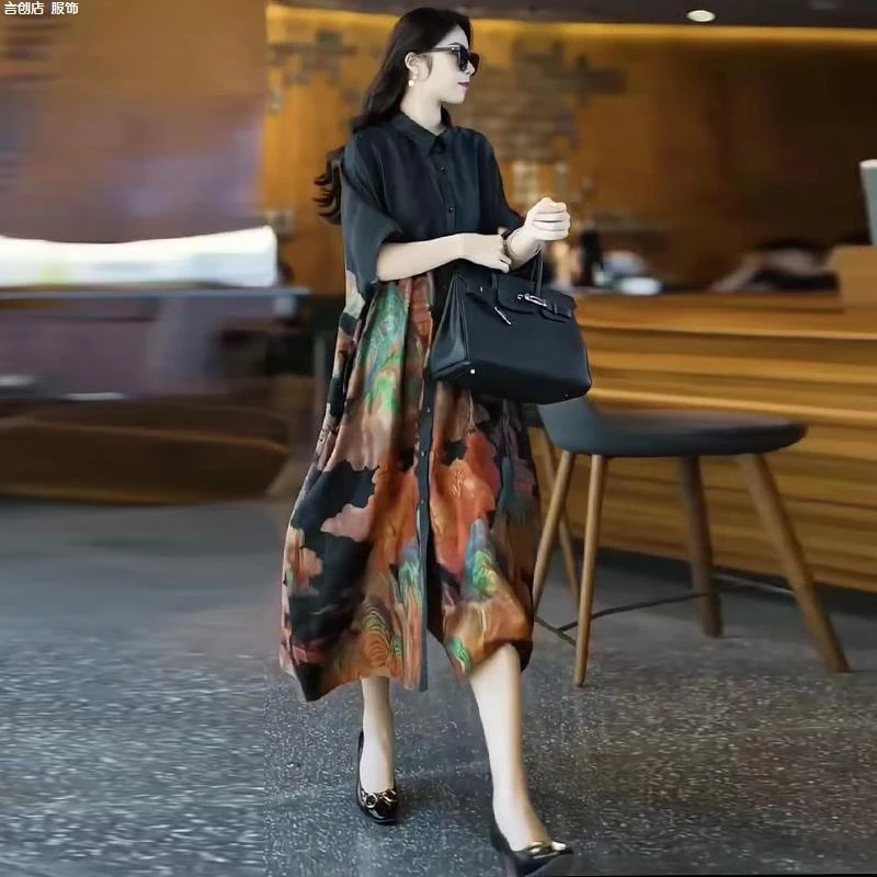 302复古大码真丝开衫连衣裙夏季新款宽松大版200斤翻领气质中长裙