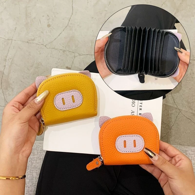 可爱猪猪防消磁短款卡包卡通证件风琴卡位拉链大容量学生小零钱包