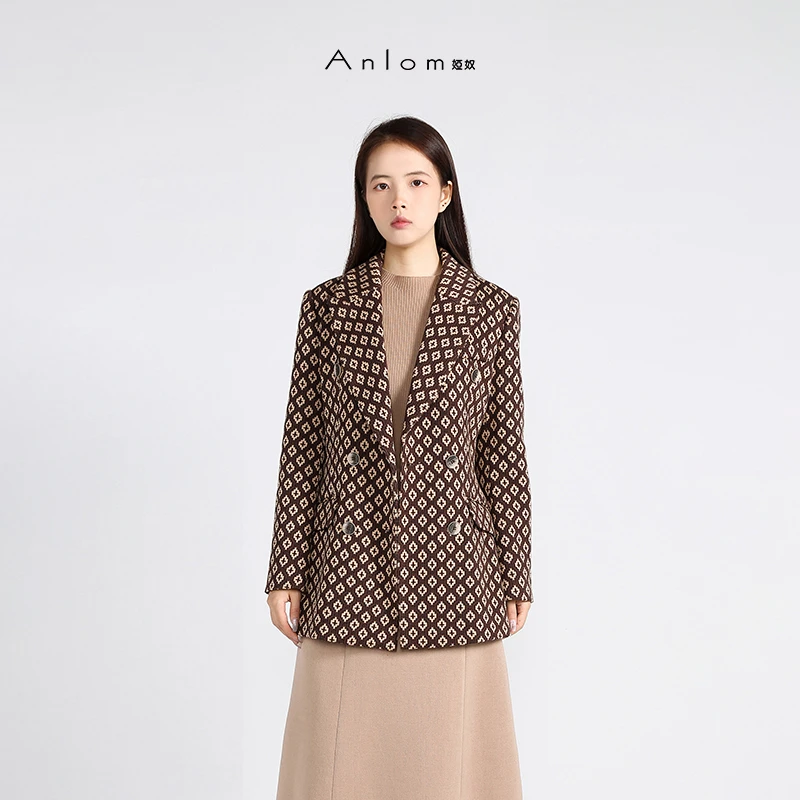 Anlom/娅奴毛呢外套女新款休闲气质条纹呢子大衣女中长款秋冬外套