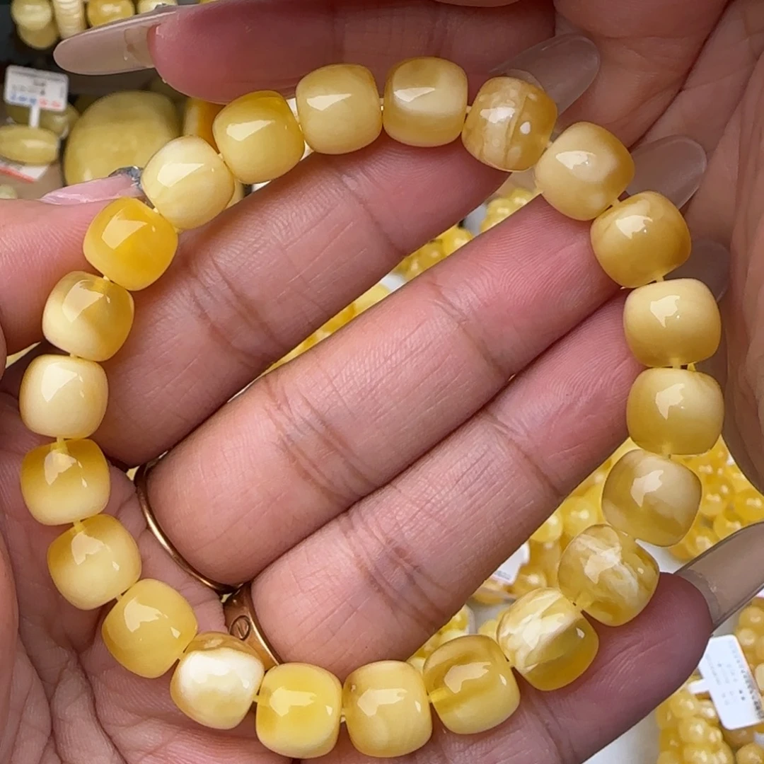 蜜蜡未镶嵌手链金白妖花老型手串