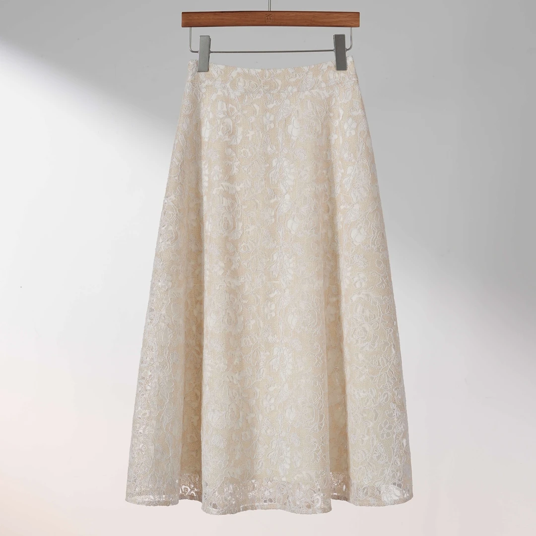 西子/【月光曲】蕾丝垂感气质时尚收腰带米杏色半身裙/BQYF090