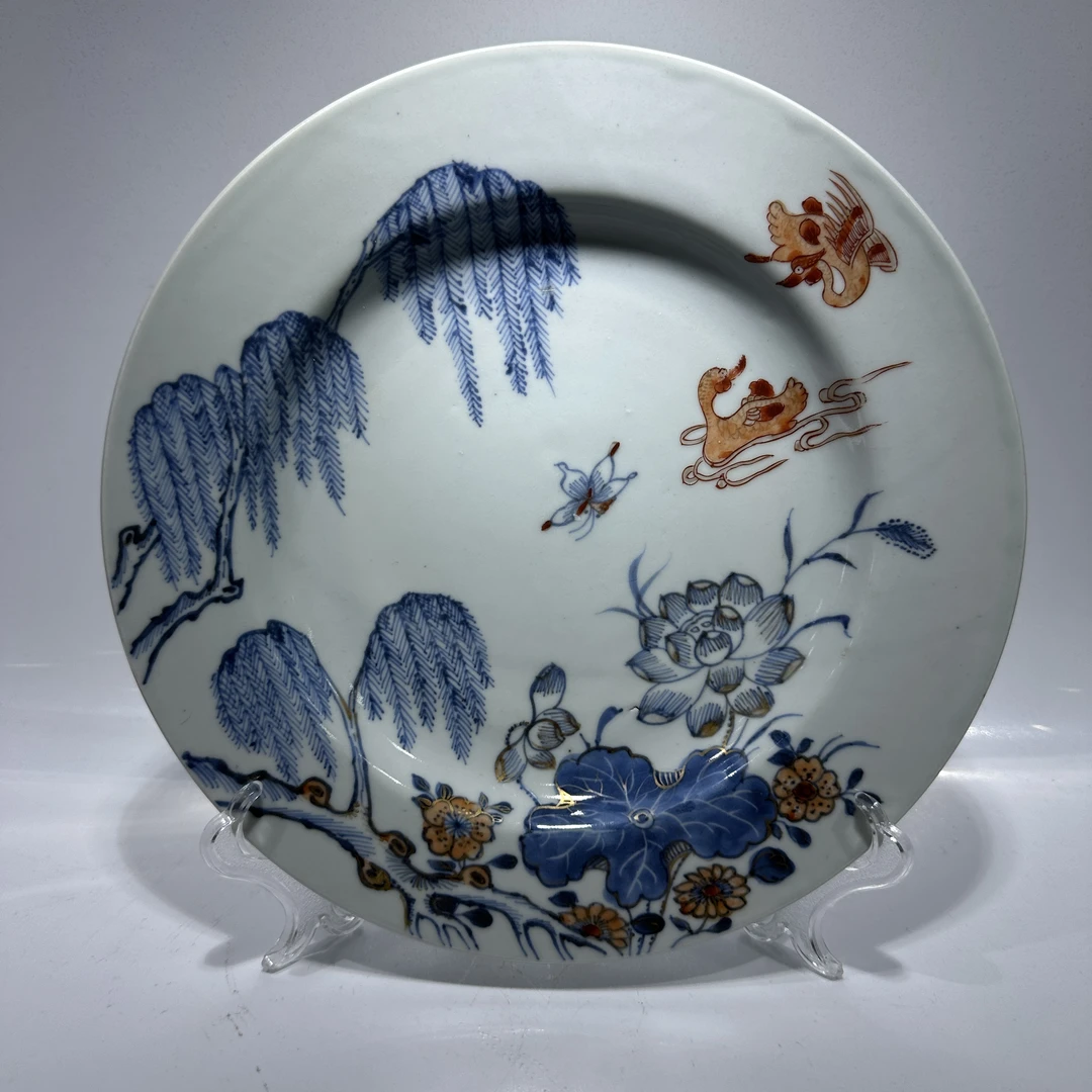 青花粉彩描金柳下鸳鸯纹盘