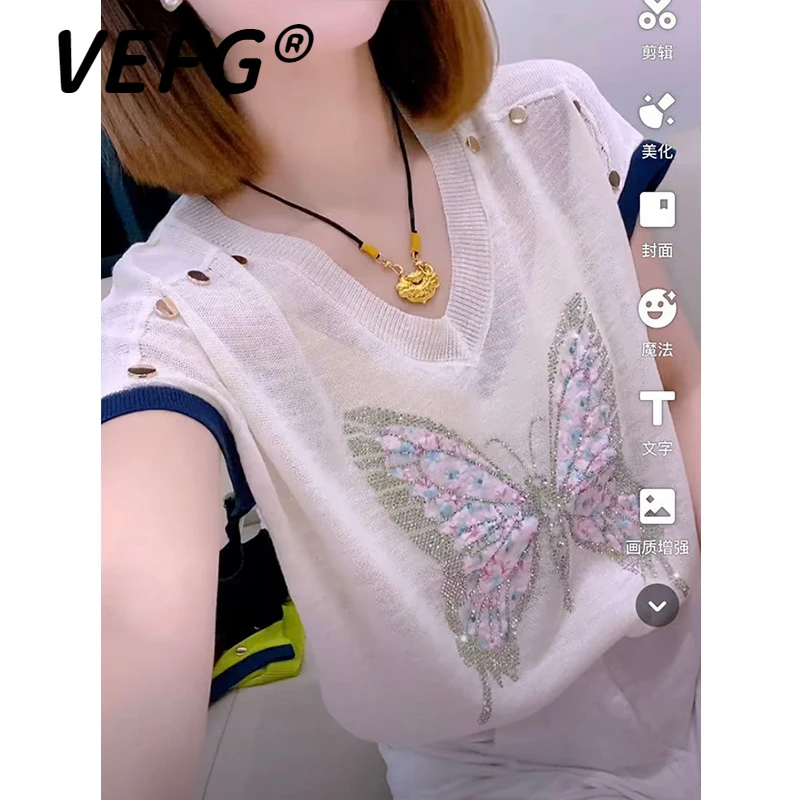 VEFG夏季新款V领气质冰丝毛针织衫女显瘦蝴蝶高级感洋气短袖上衣