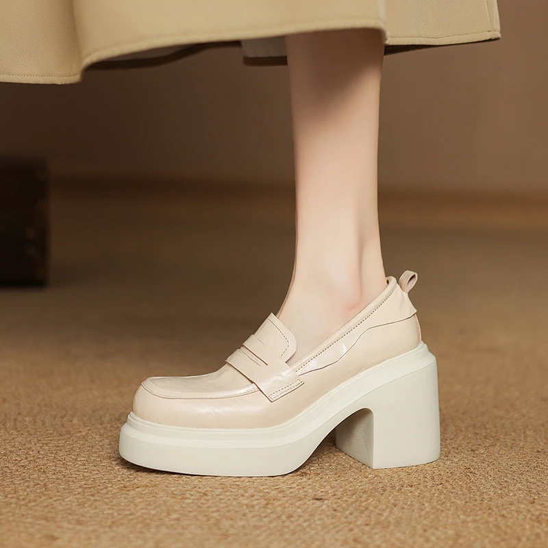 玥小姐手工女鞋10cm英伦风一脚蹬单鞋2025新款厚底圆头高跟乐福鞋