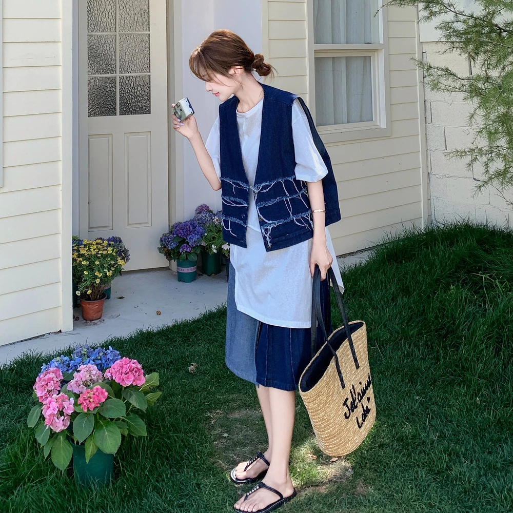 复古港风牛仔马甲套装女2025夏季新款设计感不规则T恤裙裤三件套