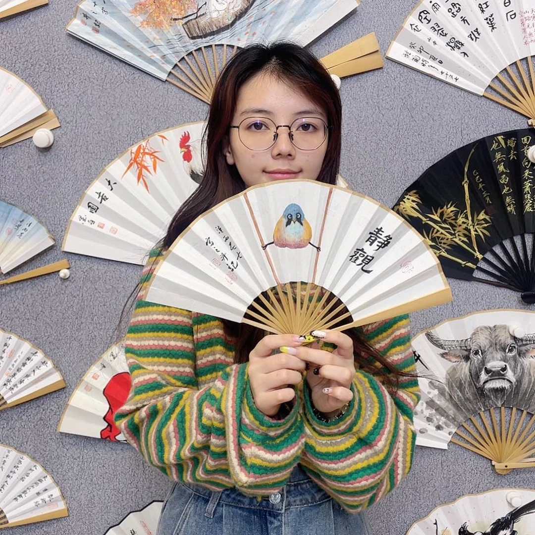 书法6寸水磨玉竹-纯手绘-文玩扇骨（默认粘好）