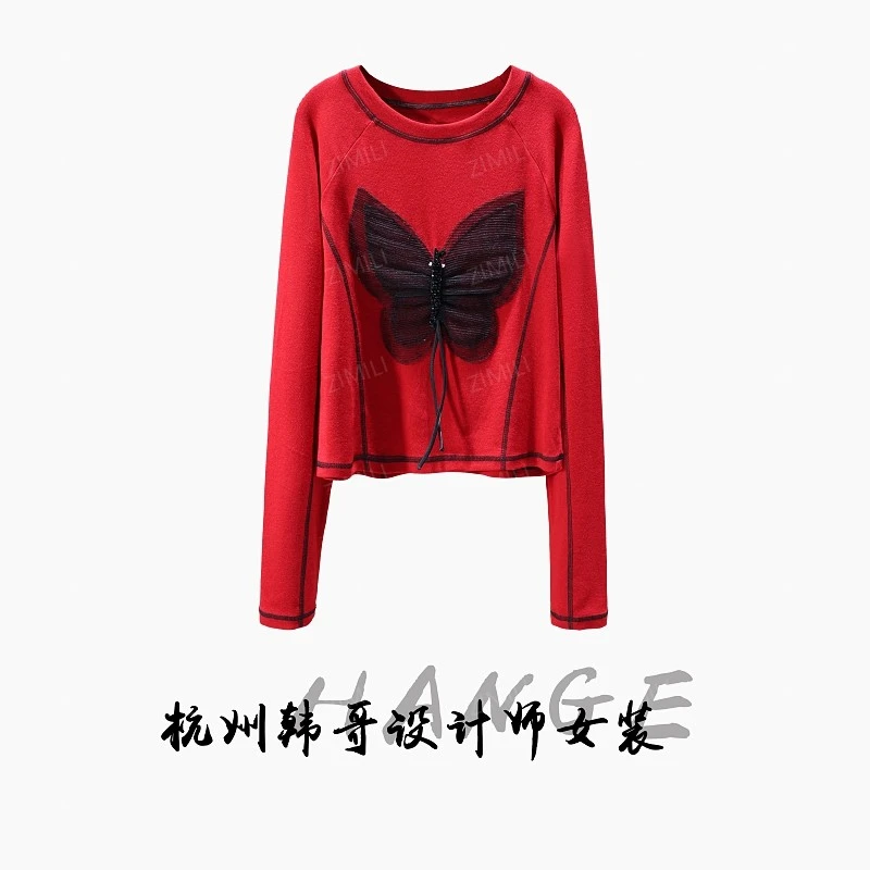 【韩哥女装】2025秋冬新品《化蝶系列》红色高弹显瘦打底上衣26068-B1