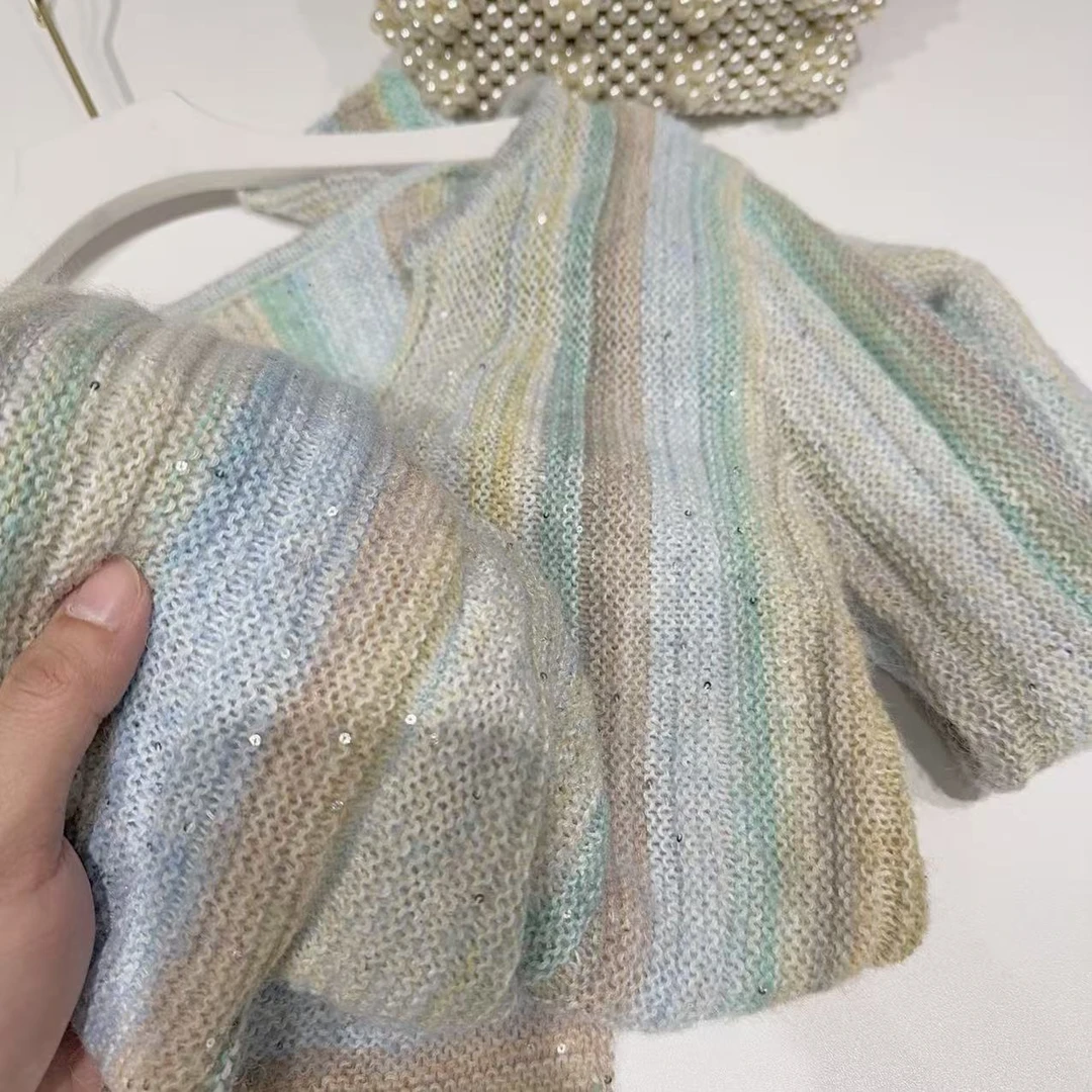 胸70-140长58亮片拼色长袖毛针织衫上衣设计休闲女装 7809