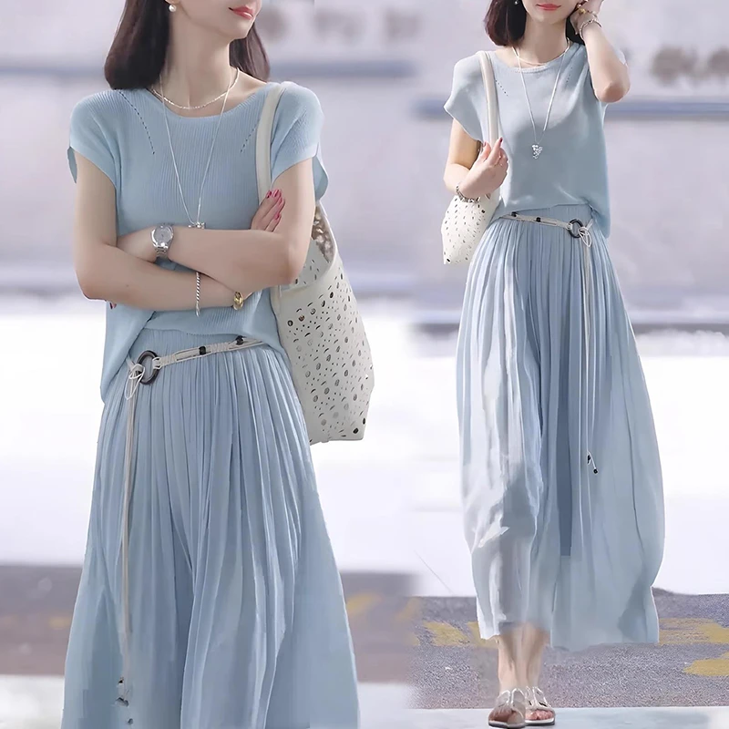 夏日通勤百搭穿搭套装女新款蓝色针织短袖t恤垂感半身裙子两件套