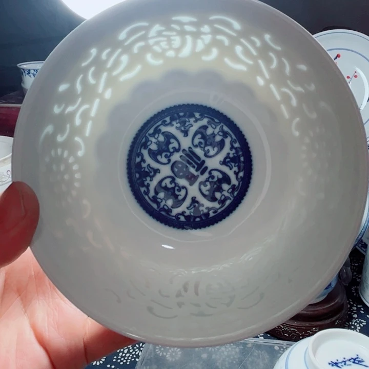 青花玲珑5寸饭碗满雕满福
