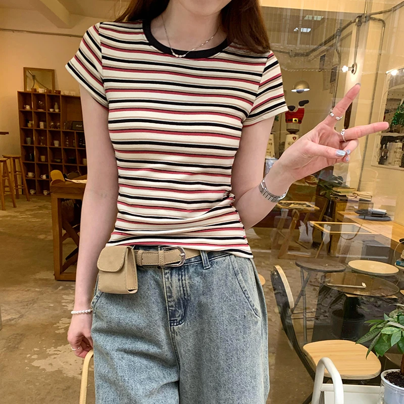 250209撞色条纹圆领正肩短袖t恤女2025夏季新款小众不撞款上衣