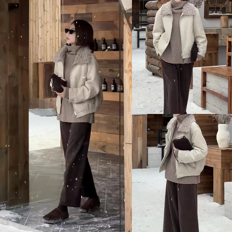 冬季时尚套装女2025新款立领百搭上衣复古外套休闲裤三件套