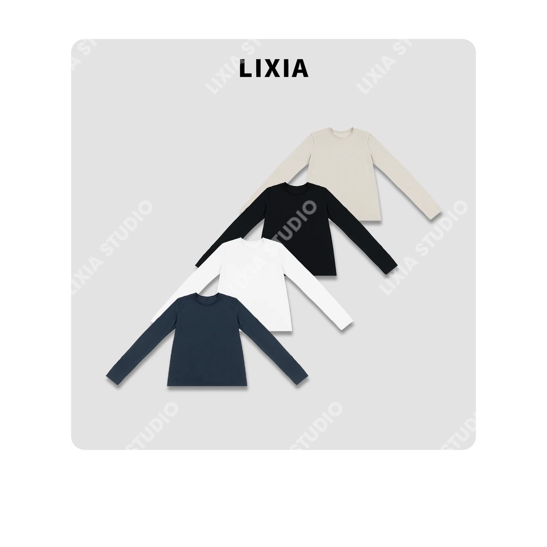 LIXIA【轻氧】休闲简约风纯色圆领纯棉长袖T恤-D8868