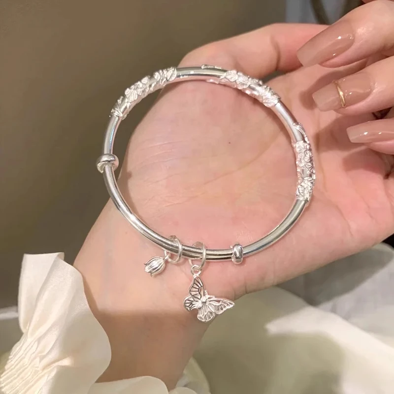 足银手镯 七夕情人节礼物蝴蝶铃兰繁花手镯999镯子国风时尚送女友
